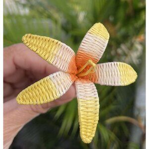Tahiti Flower Hair Pick White Orange Yellow Raffia Coconut Leaf Wire Rito 4”